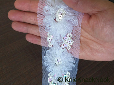 White Flower Tissue Net Fabric Lace Trim With Sequins, Floral Trim, Wedding Supplies